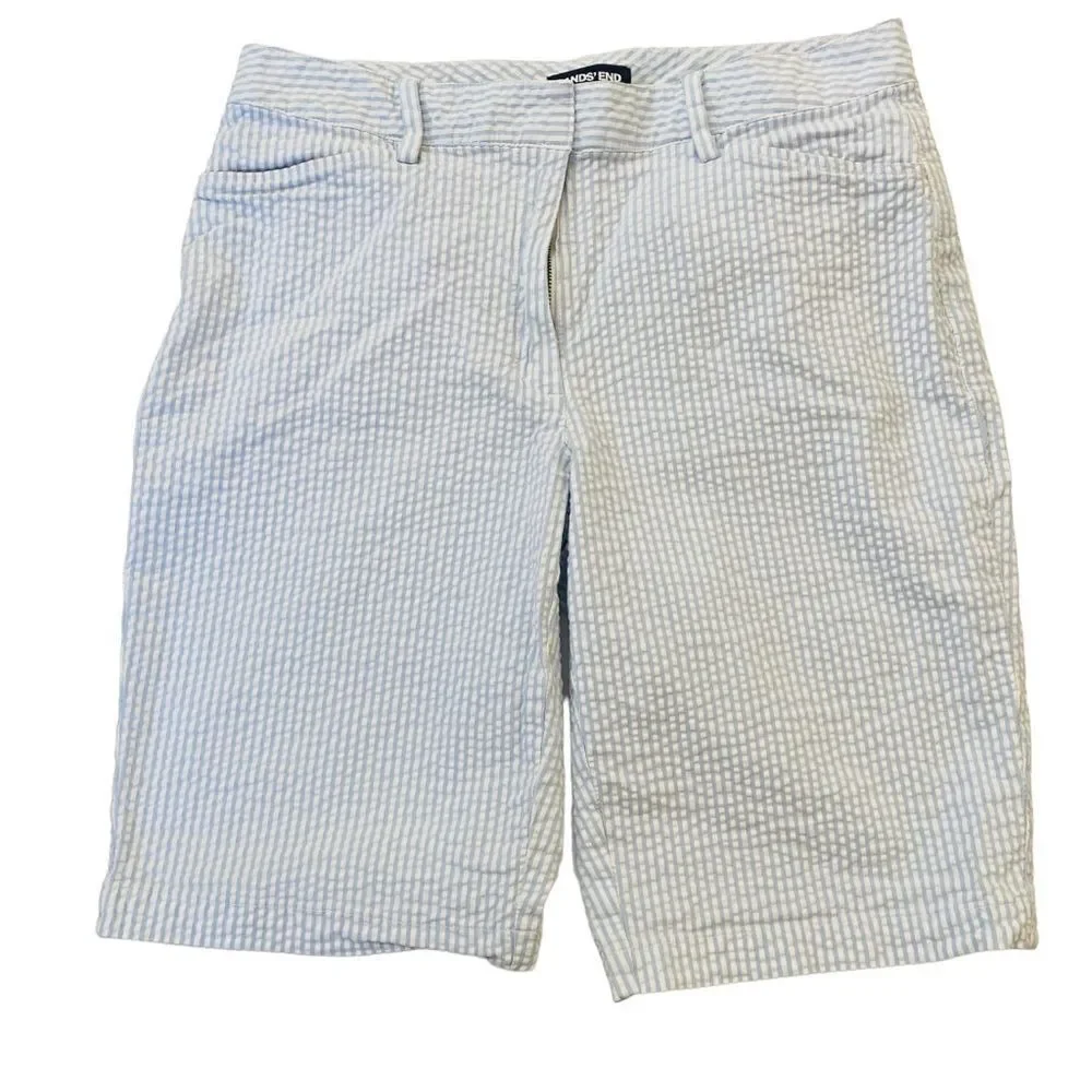 Land’s End Light Blue White Stripe Seersucker Mid Rise Bermuda Shorts Sz 10